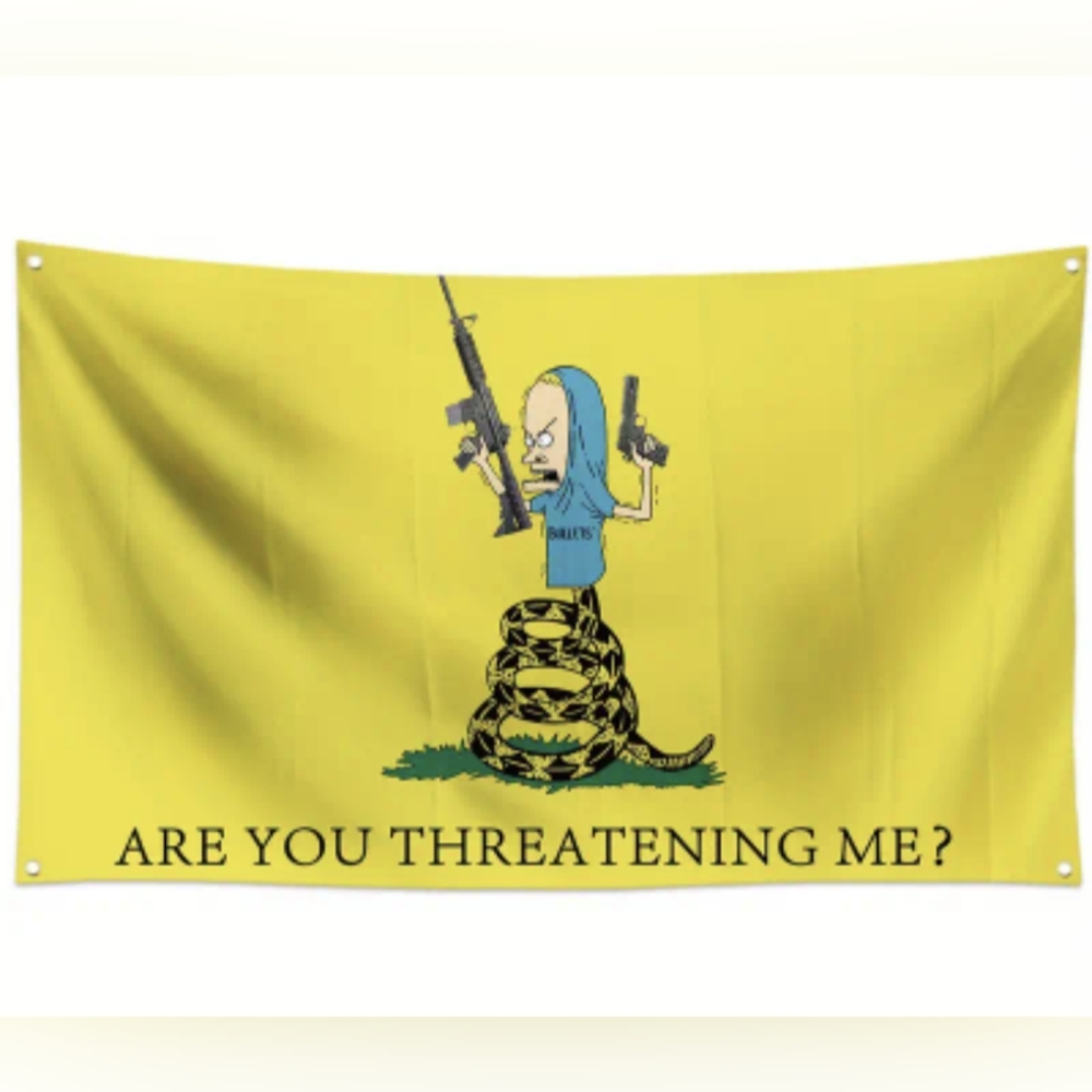 NWT Are You Threatening Me? Beavis yellow snake flag Don't Tread On Me inspired